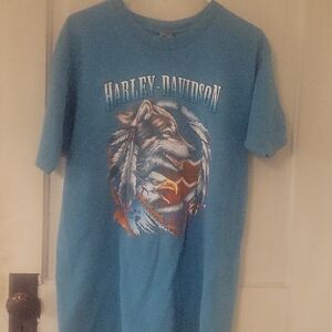 Harley-Davidson Dealership T-shirt Teal Wolf Dreamcathcher Graphic Tee size L